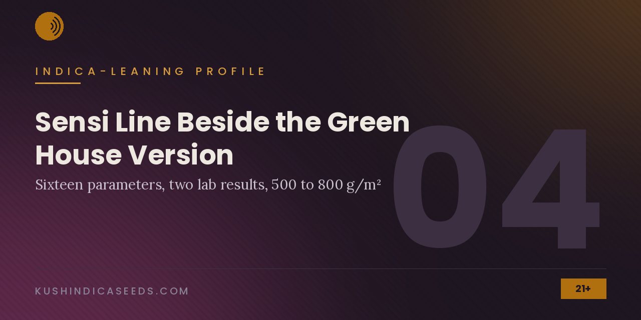 Section banner setting the Sensi line beside the Green House version: sixteen parameters, two lab results, 500 to 800 grams per square metre