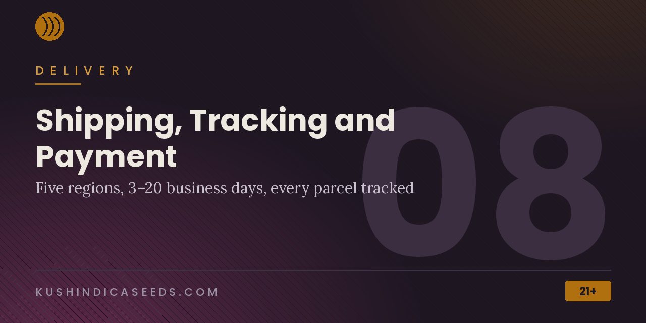 Section banner listing five delivery regions, 3 to 20 business days and tracking on every parcel